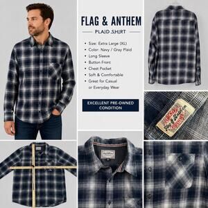 Flag & Anthem Shirt Mens XL Navy Gray Plaid Button Front Flannel Casual